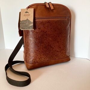 Jack Georges Voyager Honey Brown Embossed Leather 4-Way Backpack RFID NWT $240